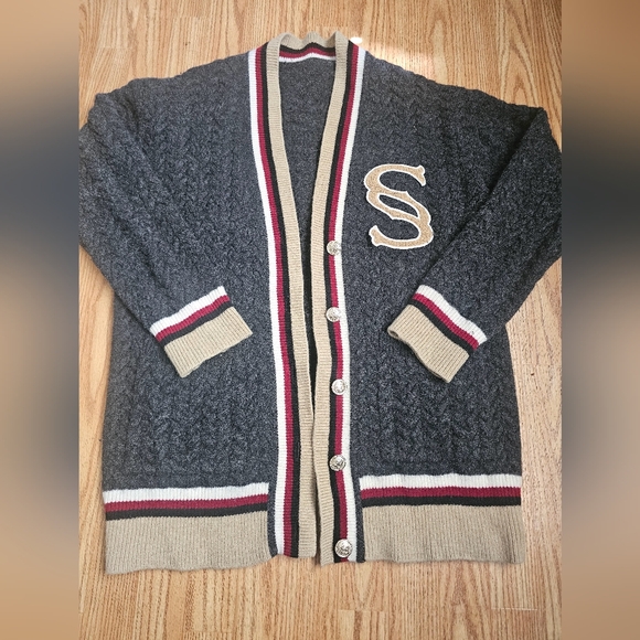 Sandro - Logo Letterman’s Charcoal and Tan Cardigan - Picture 3 of 10